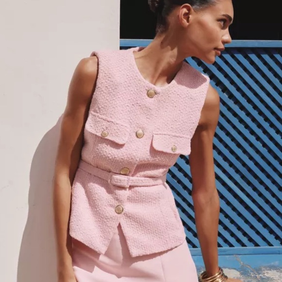 Zara NWT pink tweed belted sleeveless top 2132/091 - Picture 6 of 6